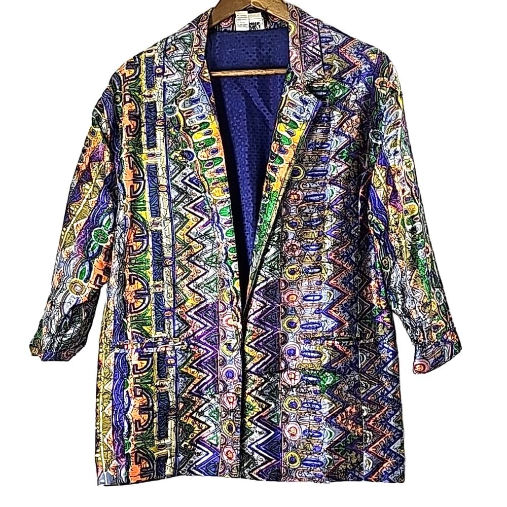 VTG Women Sz M 100% Silk Artsy 90s Aztec Colorful  Lagenlook Blazer Taarika USA
